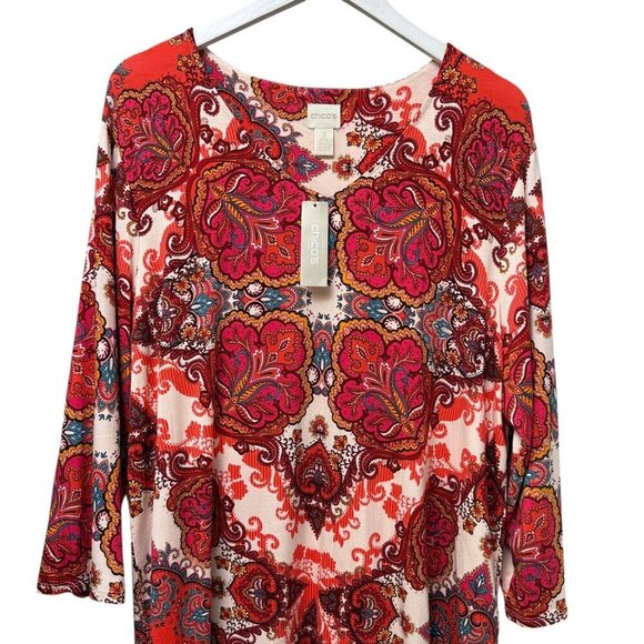 CHICO'S Paisley Tee XL (Chicos 3) Red Orange Rayon Blend Jersey Tunic Top NWT - Picture 3 of 8
